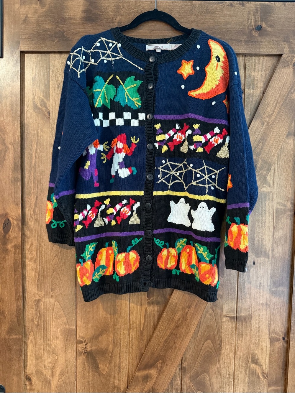 Vtg 90s Zero In Halloween Novelty Cardigan Sweater Large Pumpkin Ghost Spiderweb